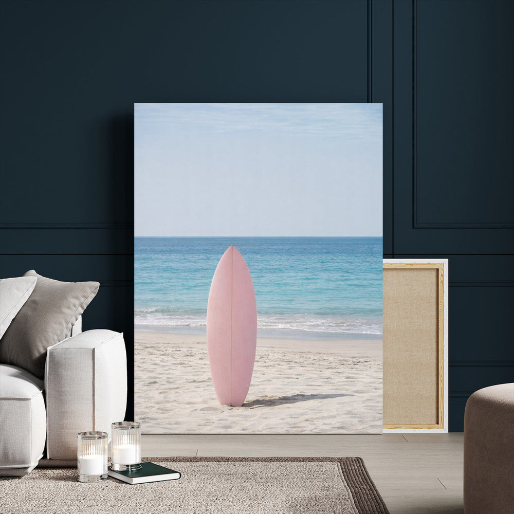 Pink Surfboard Canvas Wall Art, Minimalist Beach Photography