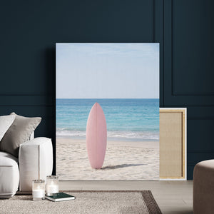 Pink Surfboard Canvas Wall Art, Minimalist Beach Photography