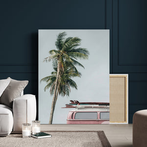 VW Van Palm Tree Canvas Wall Art, Pink Camper Surfboards