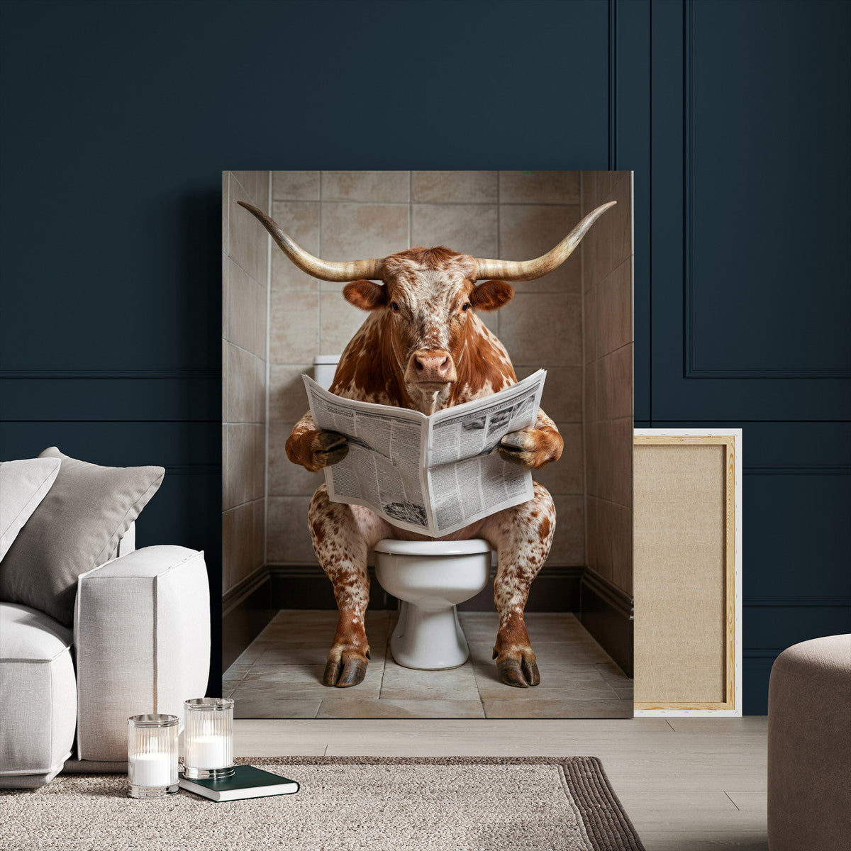 Funny Bathroom Canvas Wall Art, Texas Longhorn on Toilet