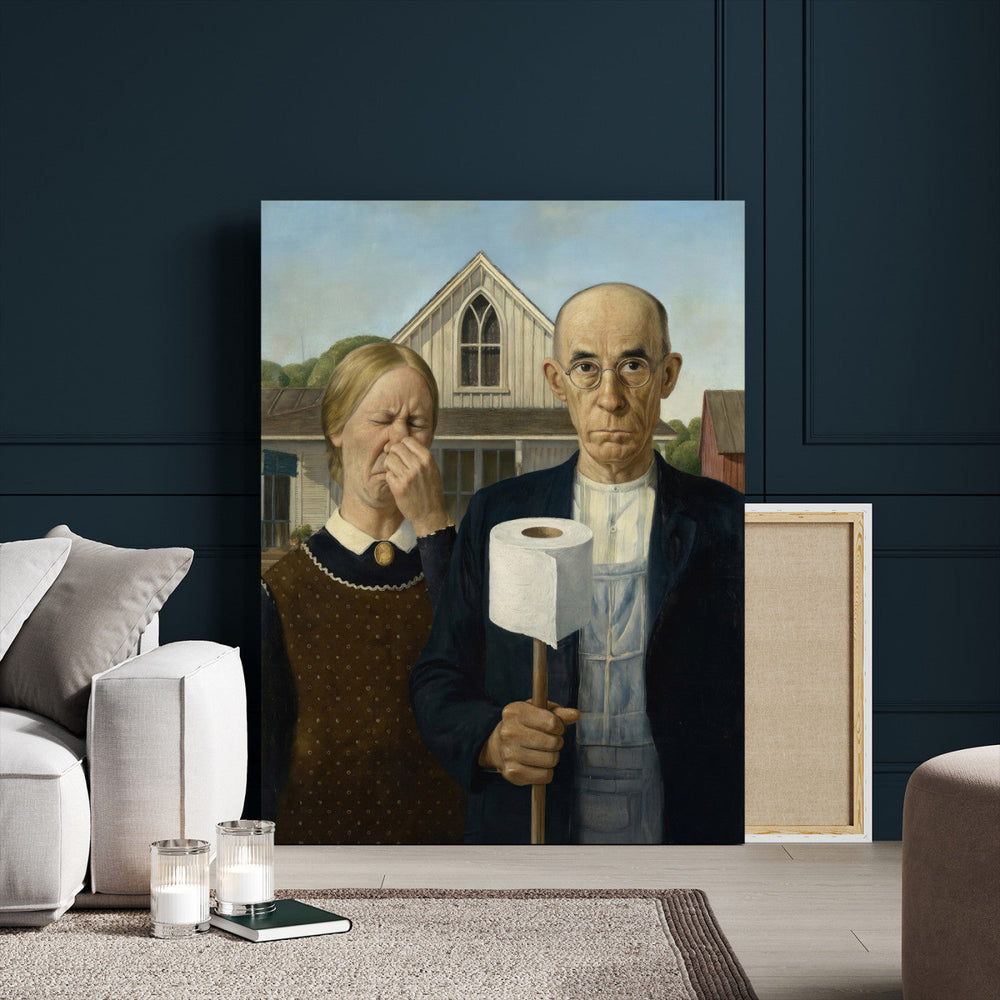 Funny Bathroom Canvas Wall Art, Grant Wood American Gothic