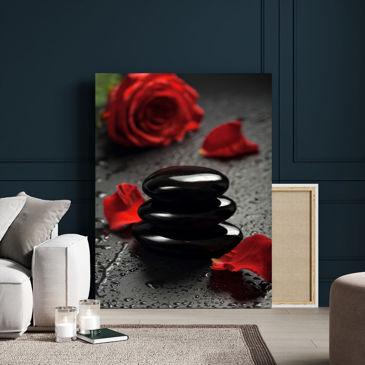 Black Lava Stone Rose Canvas | Red Rose Spa Photography
