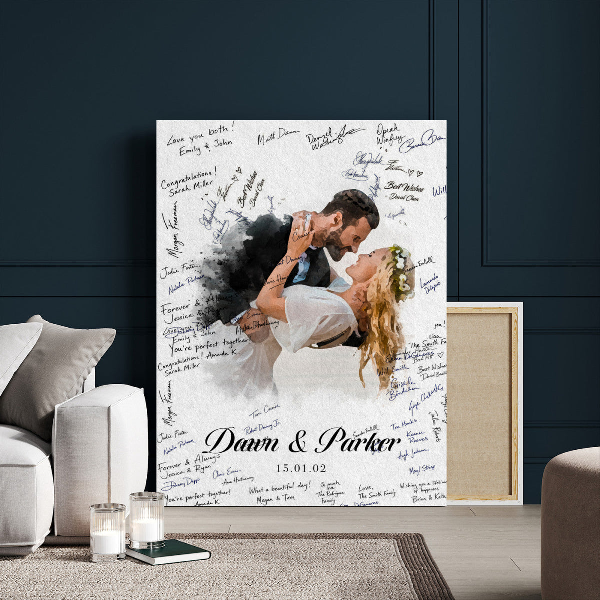 Wedding Guest Book Alternative Wall Art Canvas Print, Personalized Wedding Signature Poster, Custom Couple Photo Guestbook Canvas, Bridal Shower Reception Decor