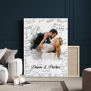 Wedding Guest Book Alternative Wall Art Canvas Print, Personalized Wedding Signature Poster, Custom Couple Photo Guestbook Canvas, Bridal Shower Reception Decor
