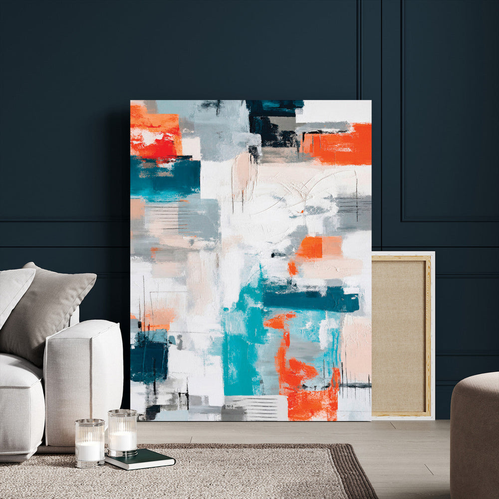 Blue Teal Abstract Canvas Wall Art, Modern Textured Painting Print, Navy Orange White Contemporary Art, Neutral Living Room Decor, Office Art
