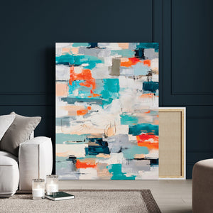 Blue Teal Abstract Canvas Wall Art, Modern Textured Painting Print, Navy Orange White Contemporary Art, Neutral Living Room Decor, Office Art
