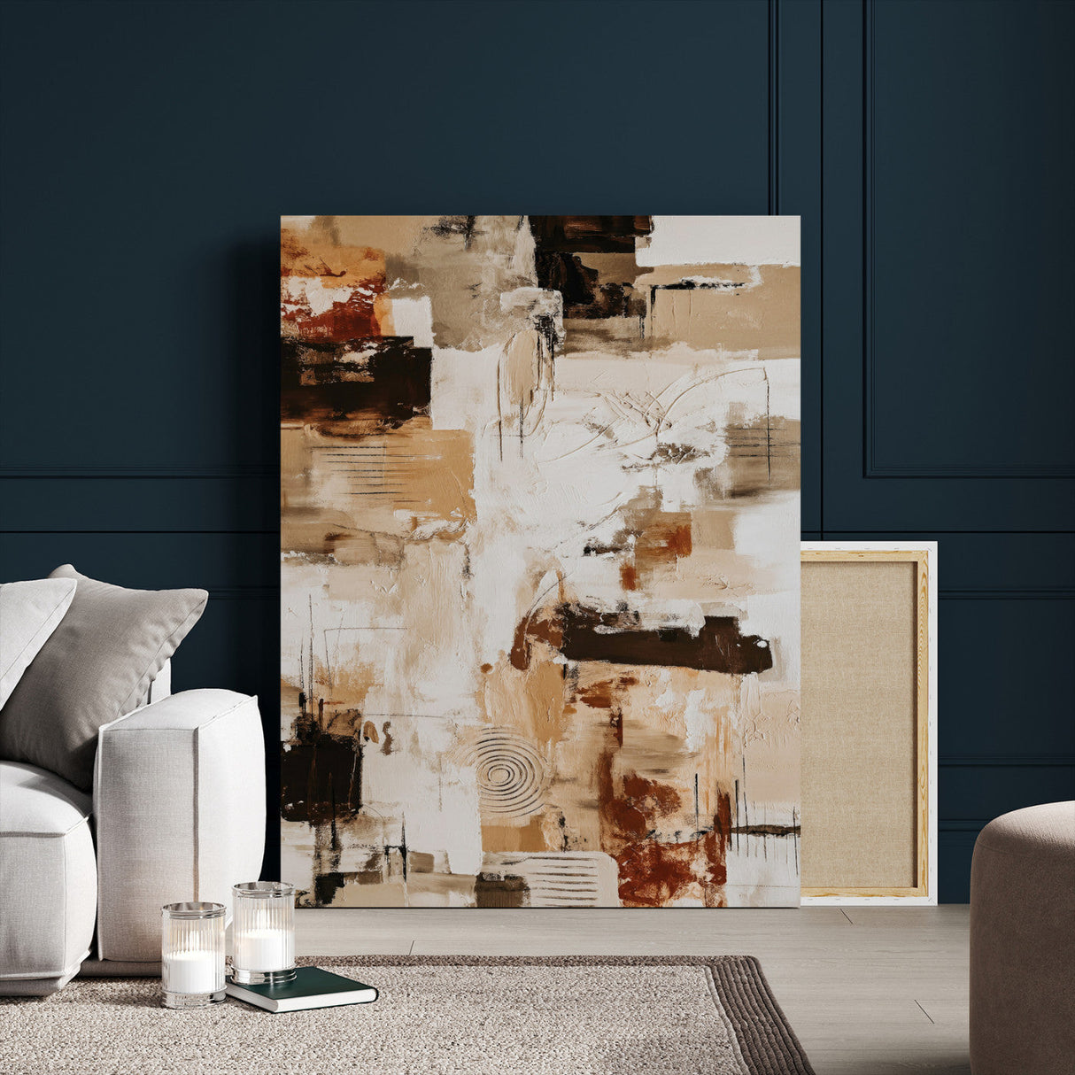 Blue Teal Abstract Canvas Wall Art, Modern Textured Painting Print, Navy Orange White Contemporary Art, Neutral Living Room Decor, Office Art
