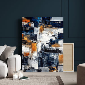 Blue Teal Abstract Canvas Wall Art, Modern Textured Painting Print, Navy Orange White Contemporary Art, Neutral Living Room Decor, Office Art