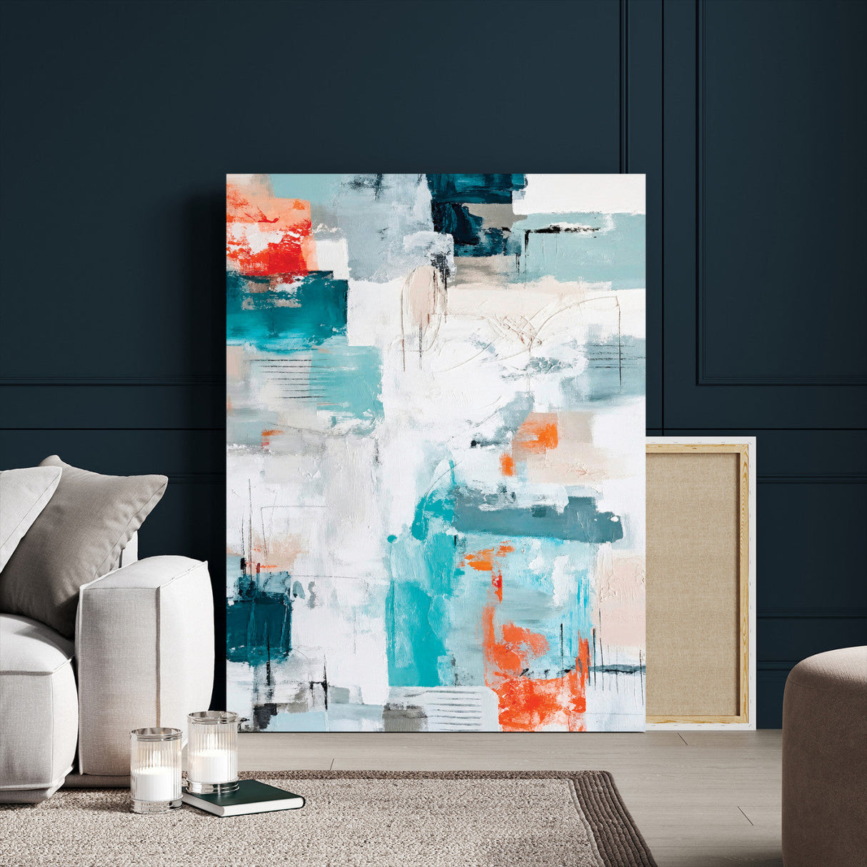 Blue Teal Abstract Canvas Wall Art, Modern Textured Painting Print, Navy Orange White Contemporary Art, Neutral Living Room Decor, Office Art