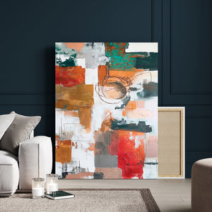 Blue Teal Abstract Canvas Wall Art, Modern Textured Painting Print, Navy Orange White Contemporary Art, Neutral Living Room Decor, Office Art