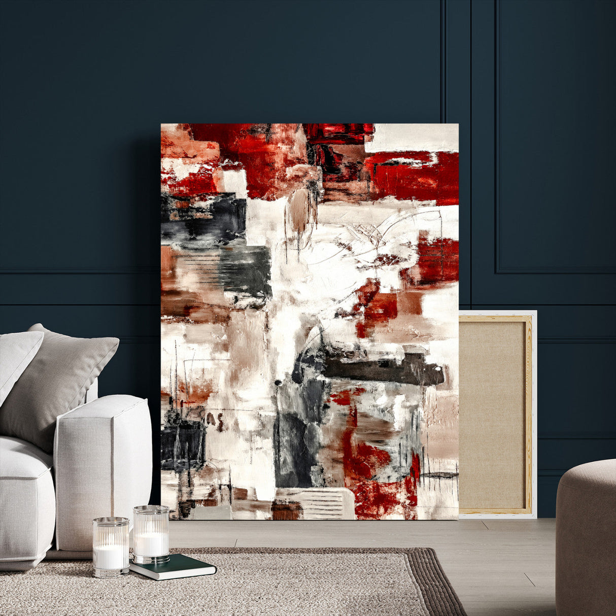 Blue Teal Abstract Canvas Wall Art, Modern Textured Painting Print, Navy Orange White Contemporary Art, Neutral Living Room Decor, Office Art