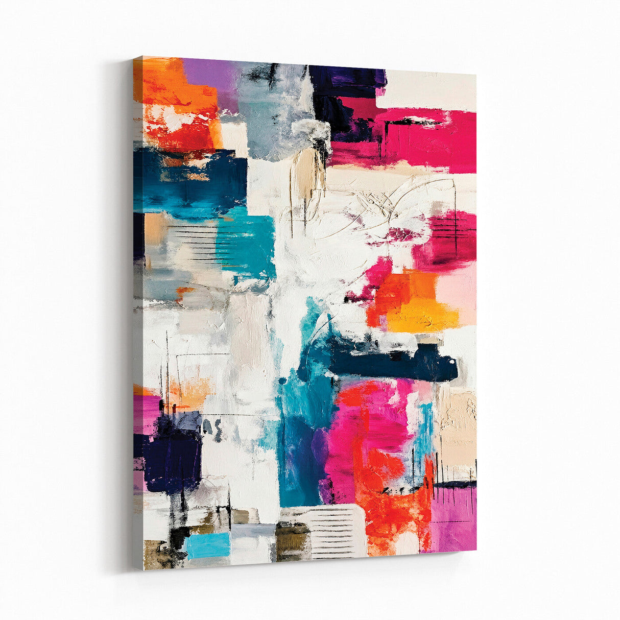 Blue Teal Abstract Canvas Wall Art, Modern Textured Painting Print, Navy Orange White Contemporary Art, Neutral Living Room Decor, Office Art