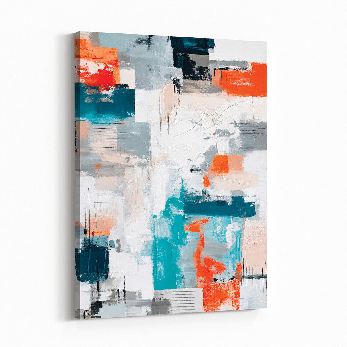 Blue Teal Abstract Canvas Wall Art, Modern Textured Painting Print, Navy Orange White Contemporary Art, Neutral Living Room Decor, Office Art