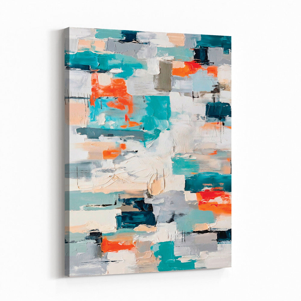 Blue Teal Abstract Canvas Wall Art, Modern Textured Painting Print, Navy Orange White Contemporary Art, Neutral Living Room Decor, Office Art