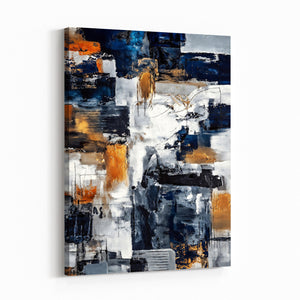 Blue Teal Abstract Canvas Wall Art, Modern Textured Painting Print, Navy Orange White Contemporary Art, Neutral Living Room Decor, Office Art