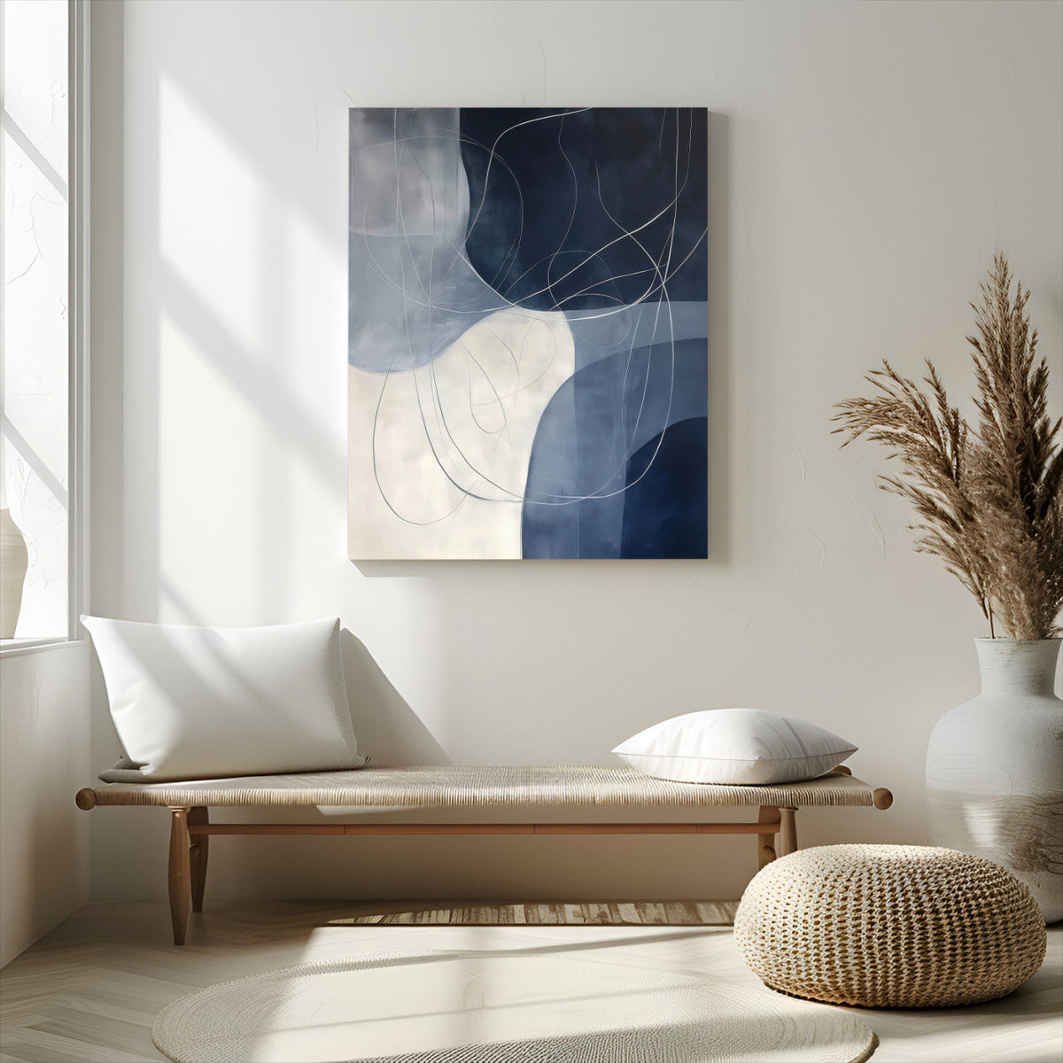 Navy Abstract Wall Art Canvas Print – Framed Minimal Lineart