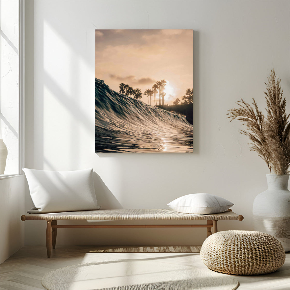 Sunset Wave Ocean Wall Art – Framed Palm Tree Canvas