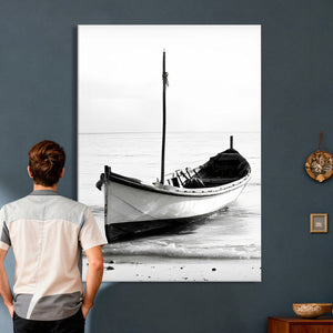 Minimal Boat Wall Art Canvas Print – Black and White Coastal