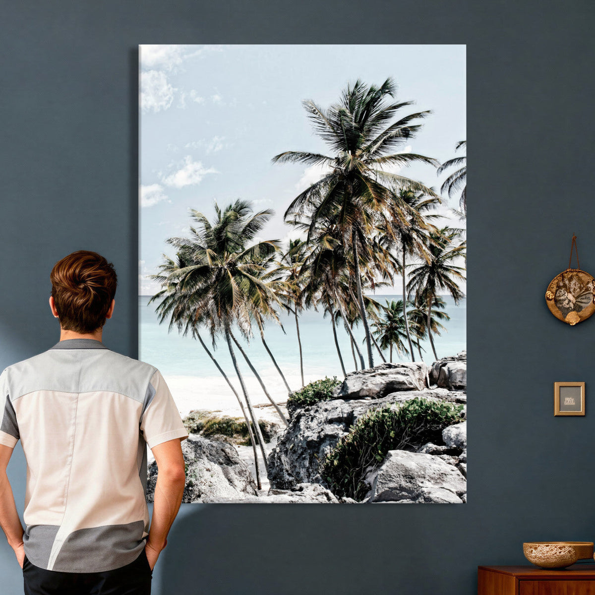 Tropical Trees Beach Wall Art Canvas Print, Coastal Ocean