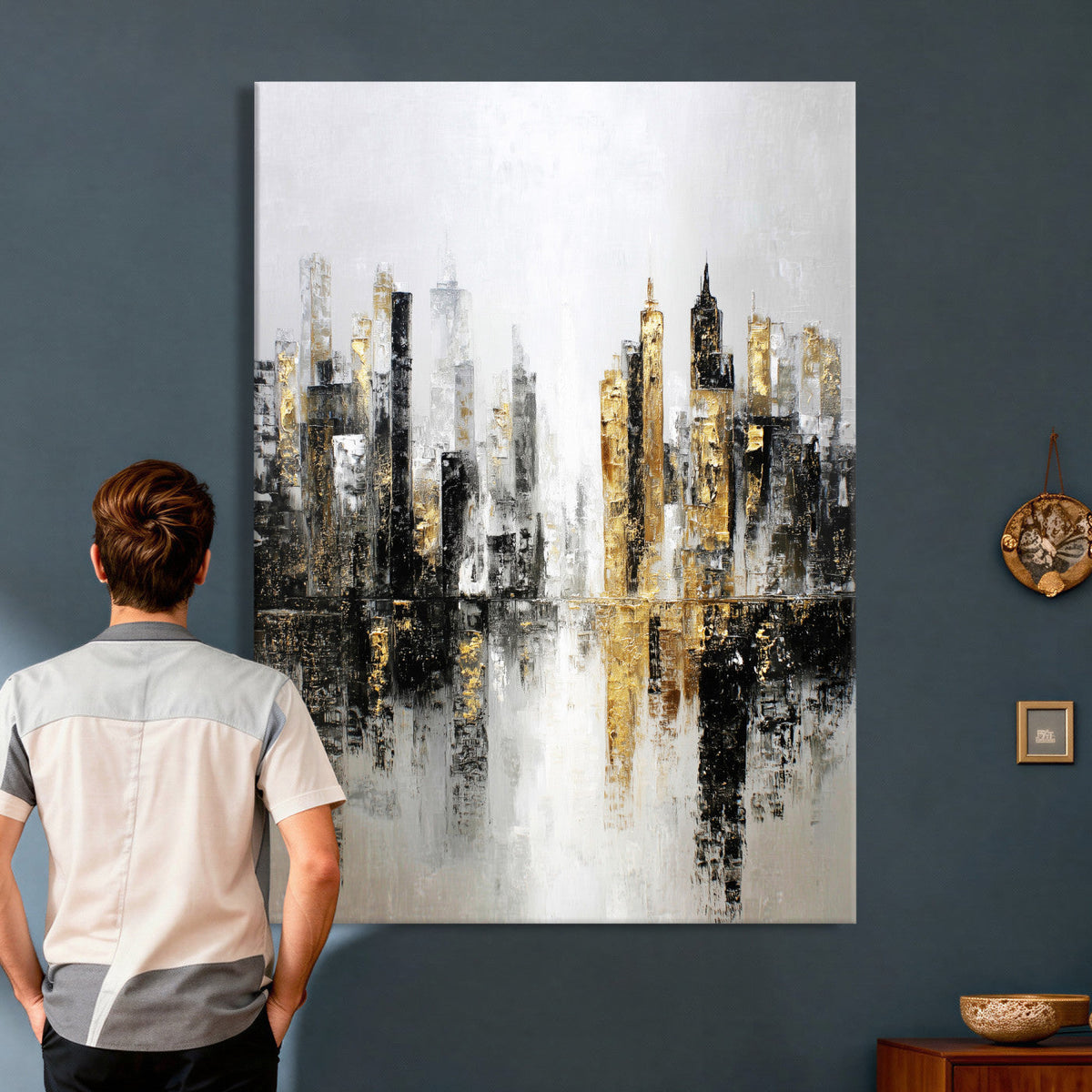 Abstract New York Wall Art Canvas Print, Gold Black Modern