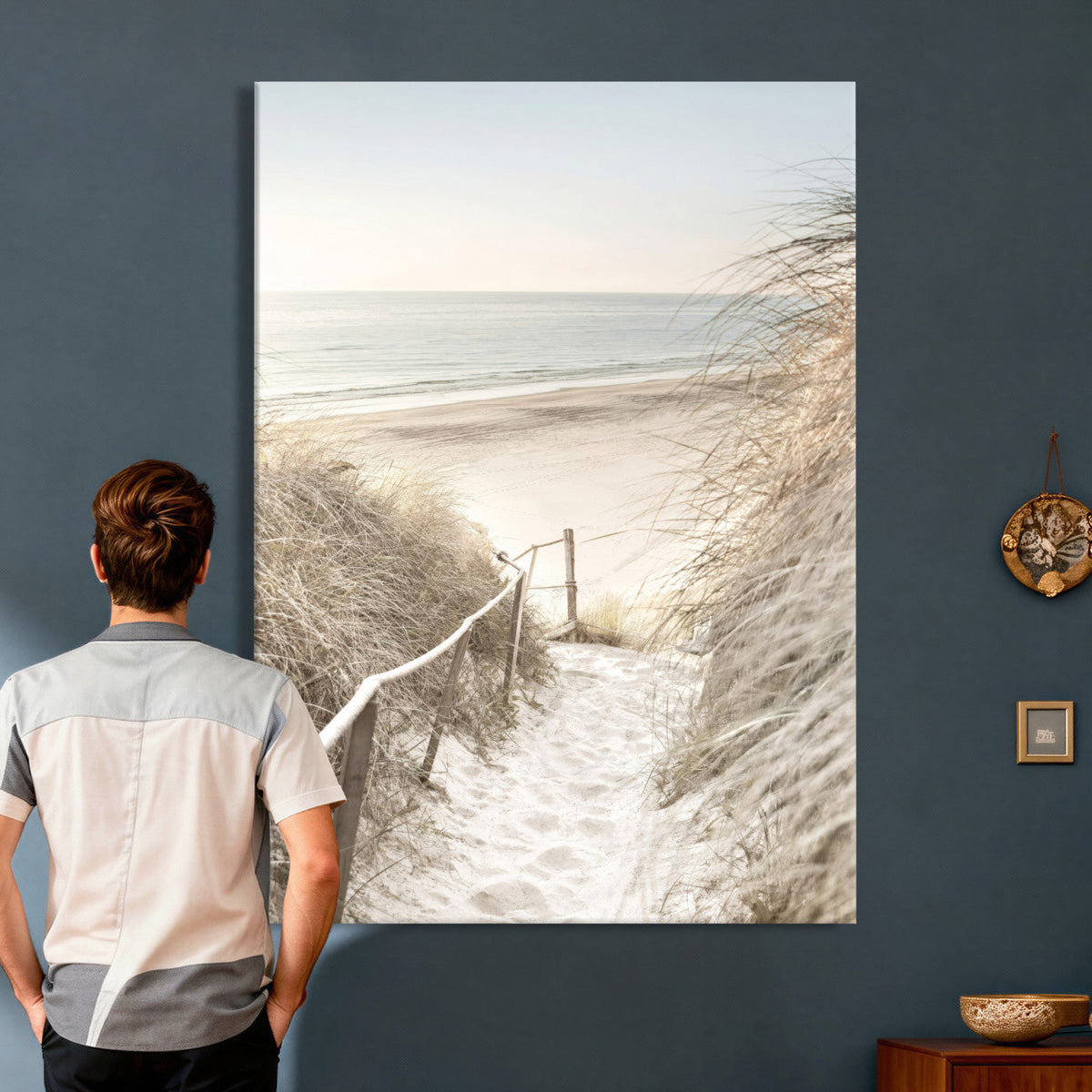 Coastal Beach Path Wall Art Canvas Print – Neutral Ocean