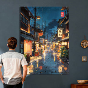 Tokyo Tea House Canvas Wall Art — Japan Rainy Night Street