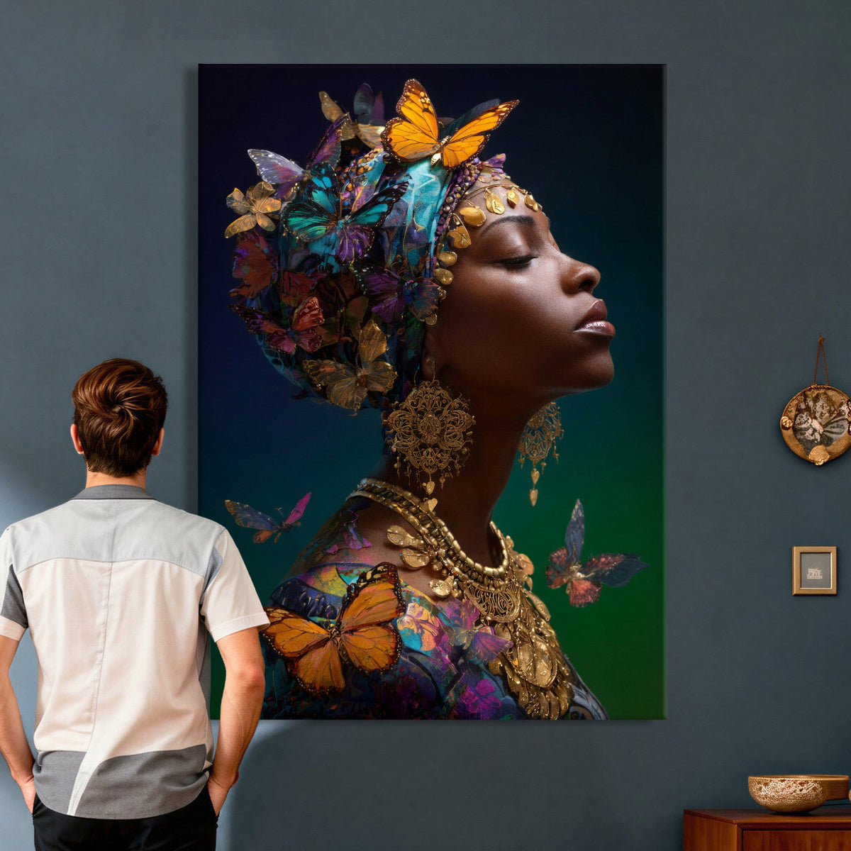 Butterfly Crown Gold Woman Portrait — Monarch Queen Canvas