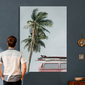 VW Van Palm Tree Canvas Wall Art, Pink Camper Surfboards