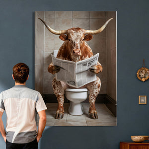 Funny Bathroom Canvas Wall Art, Texas Longhorn on Toilet