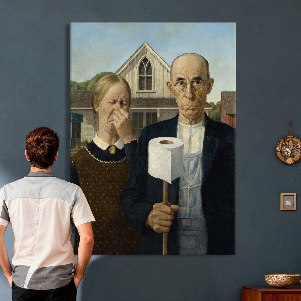 Funny Bathroom Canvas Wall Art, Grant Wood American Gothic
