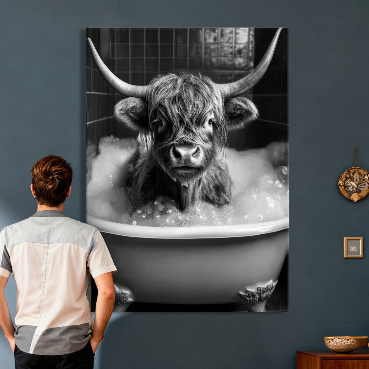 Highland Cow Bathtub Canvas Wall Art, Funny Bathroom Print