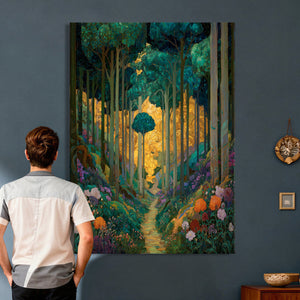 Gustav Klimt Style Forest Canvas Wall Art, Golden Forest