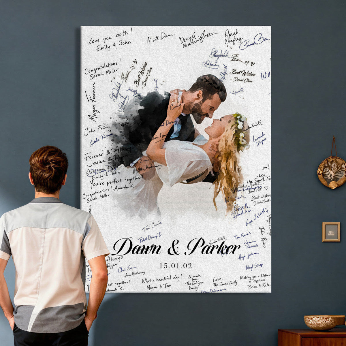 Wedding Guest Book Alternative Wall Art Canvas Print, Personalized Wedding Signature Poster, Custom Couple Photo Guestbook Canvas, Bridal Shower Reception Decor