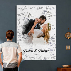 Wedding Guest Book Alternative Wall Art Canvas Print, Personalized Wedding Signature Poster, Custom Couple Photo Guestbook Canvas, Bridal Shower Reception Decor