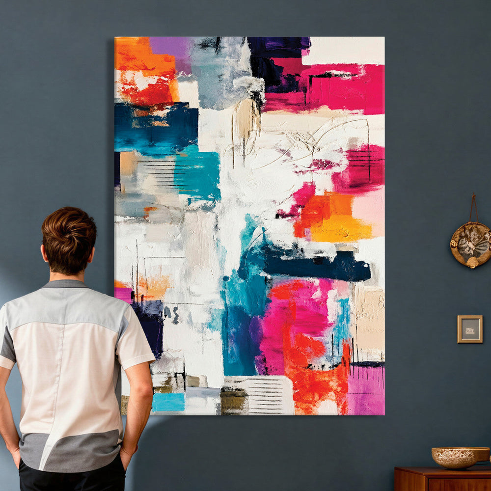 Blue Teal Abstract Canvas Wall Art, Modern Textured Painting Print, Navy Orange White Contemporary Art, Neutral Living Room Decor, Office Art