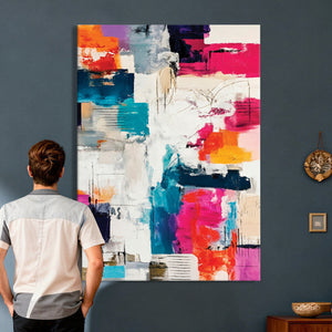 Blue Teal Abstract Canvas Wall Art, Modern Textured Painting Print, Navy Orange White Contemporary Art, Neutral Living Room Decor, Office Art