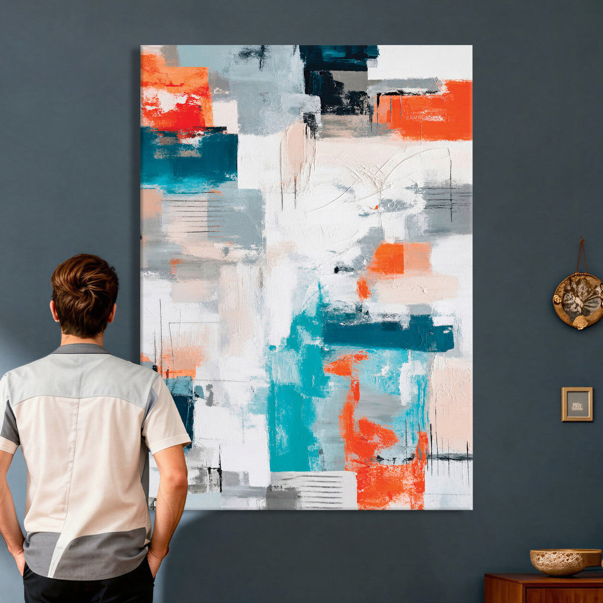 Blue Teal Abstract Canvas Wall Art, Modern Textured Painting Print, Navy Orange White Contemporary Art, Neutral Living Room Decor, Office Art