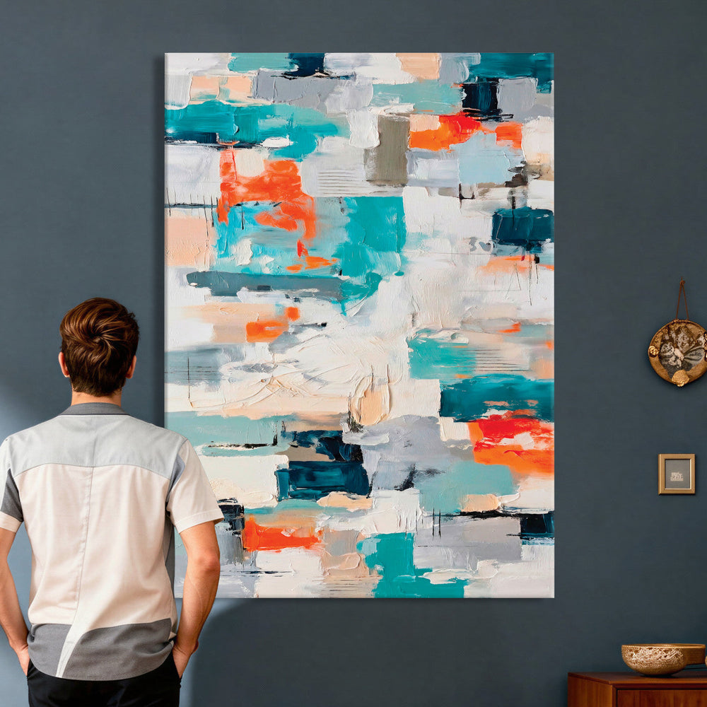 Blue Teal Abstract Canvas Wall Art, Modern Textured Painting Print, Navy Orange White Contemporary Art, Neutral Living Room Decor, Office Art