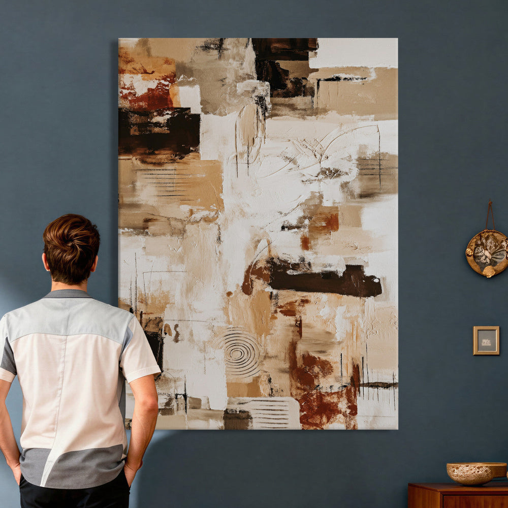 Blue Teal Abstract Canvas Wall Art, Modern Textured Painting Print, Navy Orange White Contemporary Art, Neutral Living Room Decor, Office Art