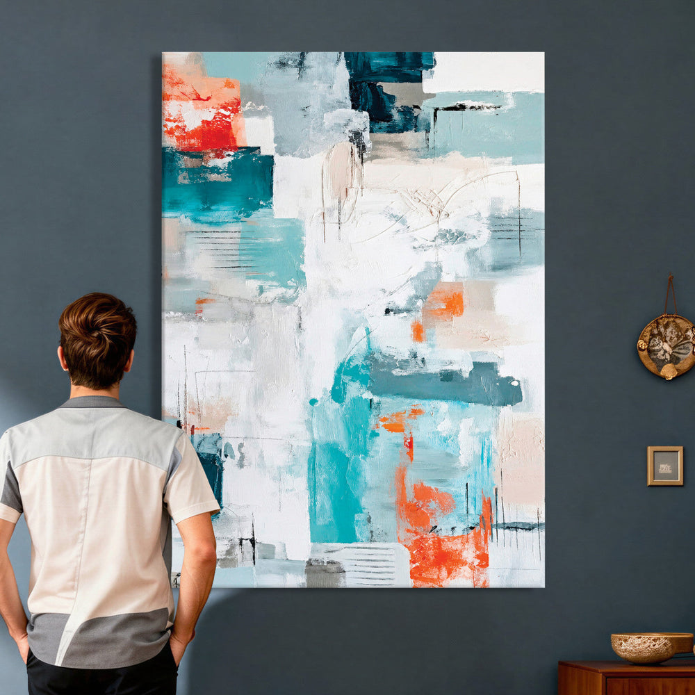 Blue Teal Abstract Canvas Wall Art, Modern Textured Painting Print, Navy Orange White Contemporary Art, Neutral Living Room Decor, Office Art