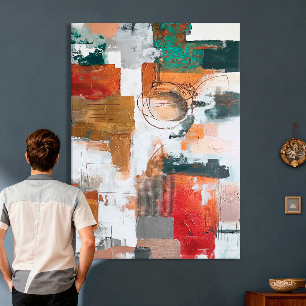 Blue Teal Abstract Canvas Wall Art, Modern Textured Painting Print, Navy Orange White Contemporary Art, Neutral Living Room Decor, Office Art