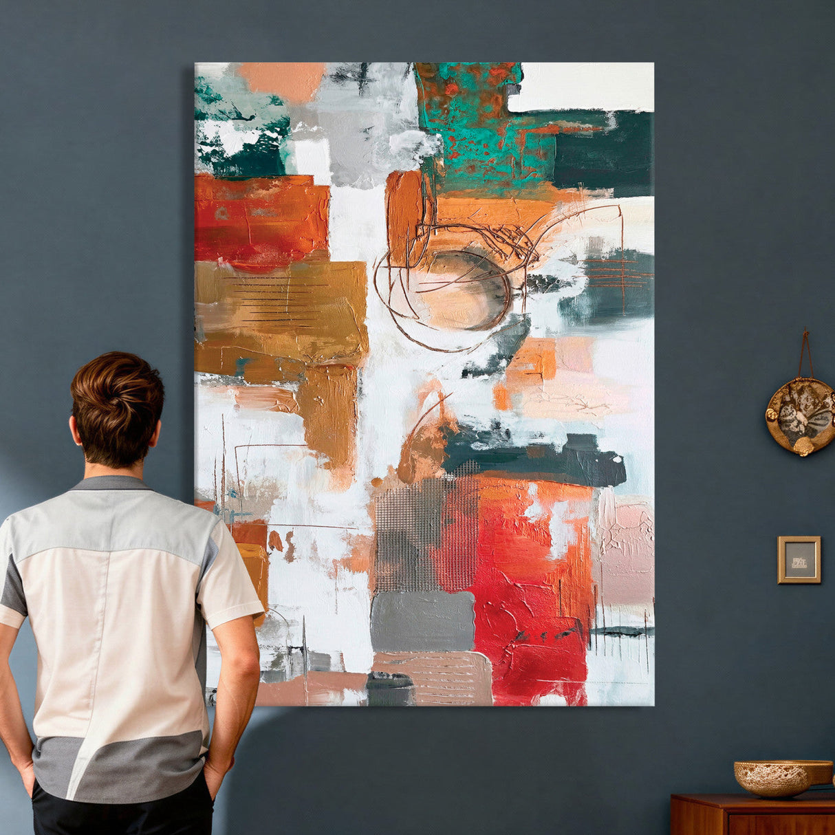 Blue Teal Abstract Canvas Wall Art, Modern Textured Painting Print, Navy Orange White Contemporary Art, Neutral Living Room Decor, Office Art