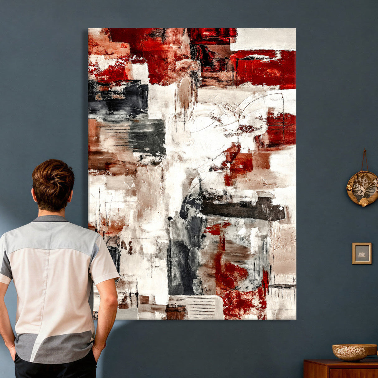 Blue Teal Abstract Canvas Wall Art, Modern Textured Painting Print, Navy Orange White Contemporary Art, Neutral Living Room Decor, Office Art