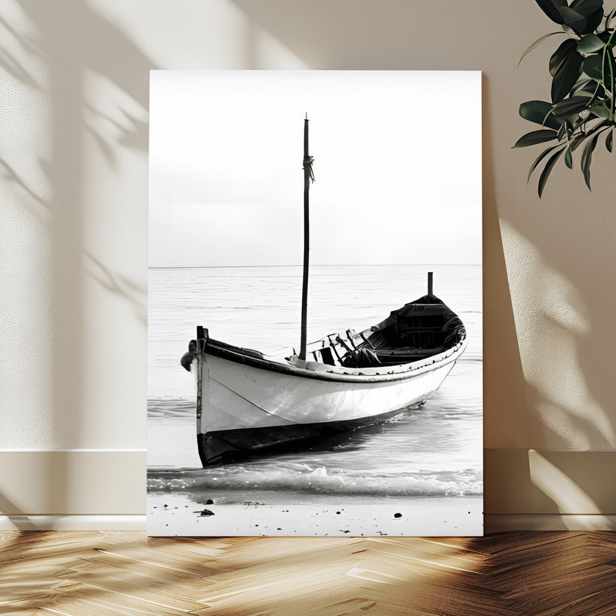 Minimal Boat Wall Art Canvas Print – Black and White Coastal