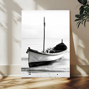 Minimal Boat Wall Art Canvas Print – Black and White Coastal