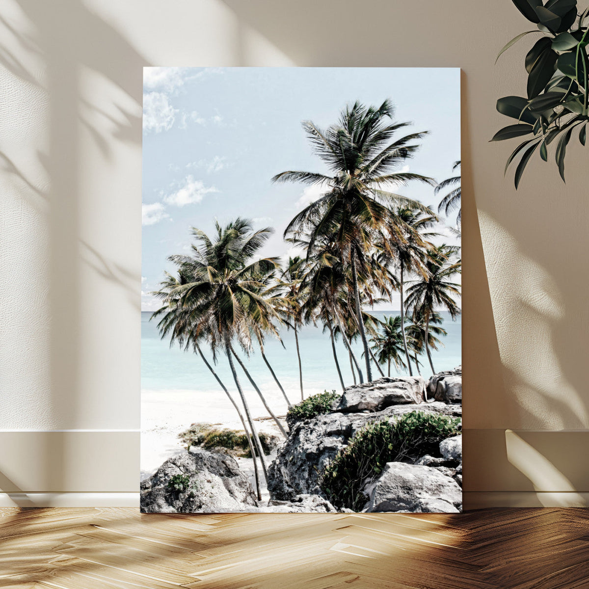 Tropical Trees Beach Wall Art Canvas Print, Coastal Ocean