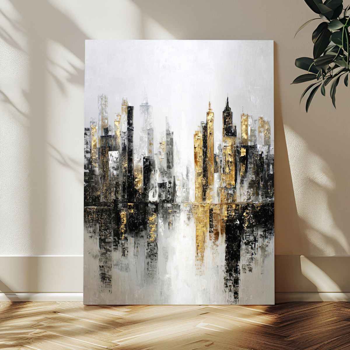 Abstract New York Wall Art Canvas Print, Gold Black Modern
