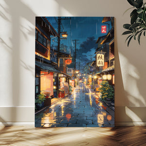 Tokyo Tea House Canvas Wall Art — Japan Rainy Night Street