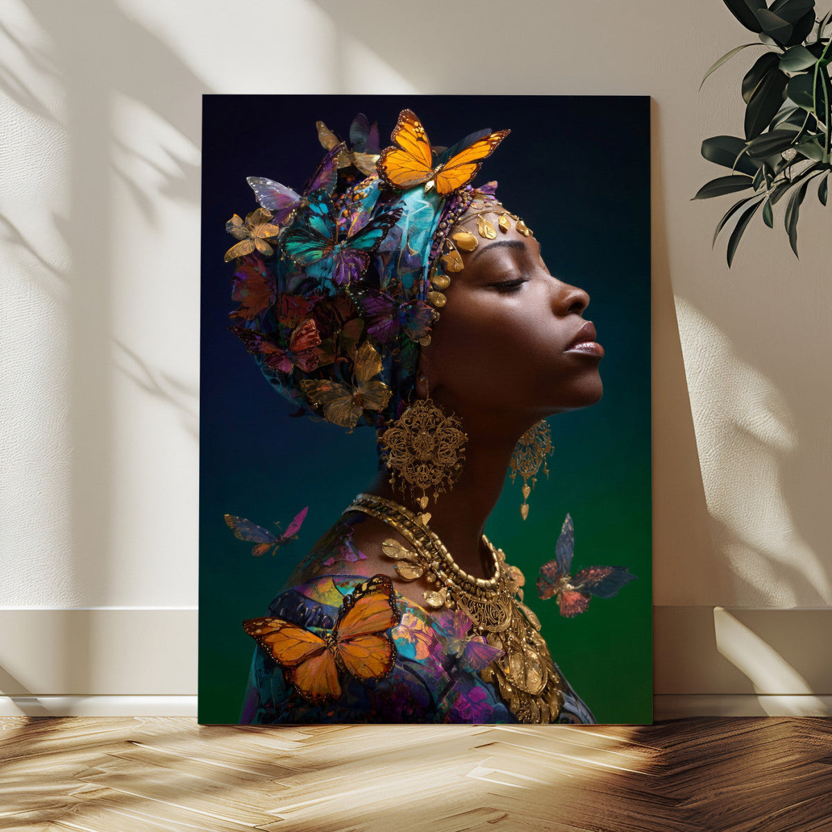 Butterfly Crown Gold Woman Portrait — Monarch Queen Canvas