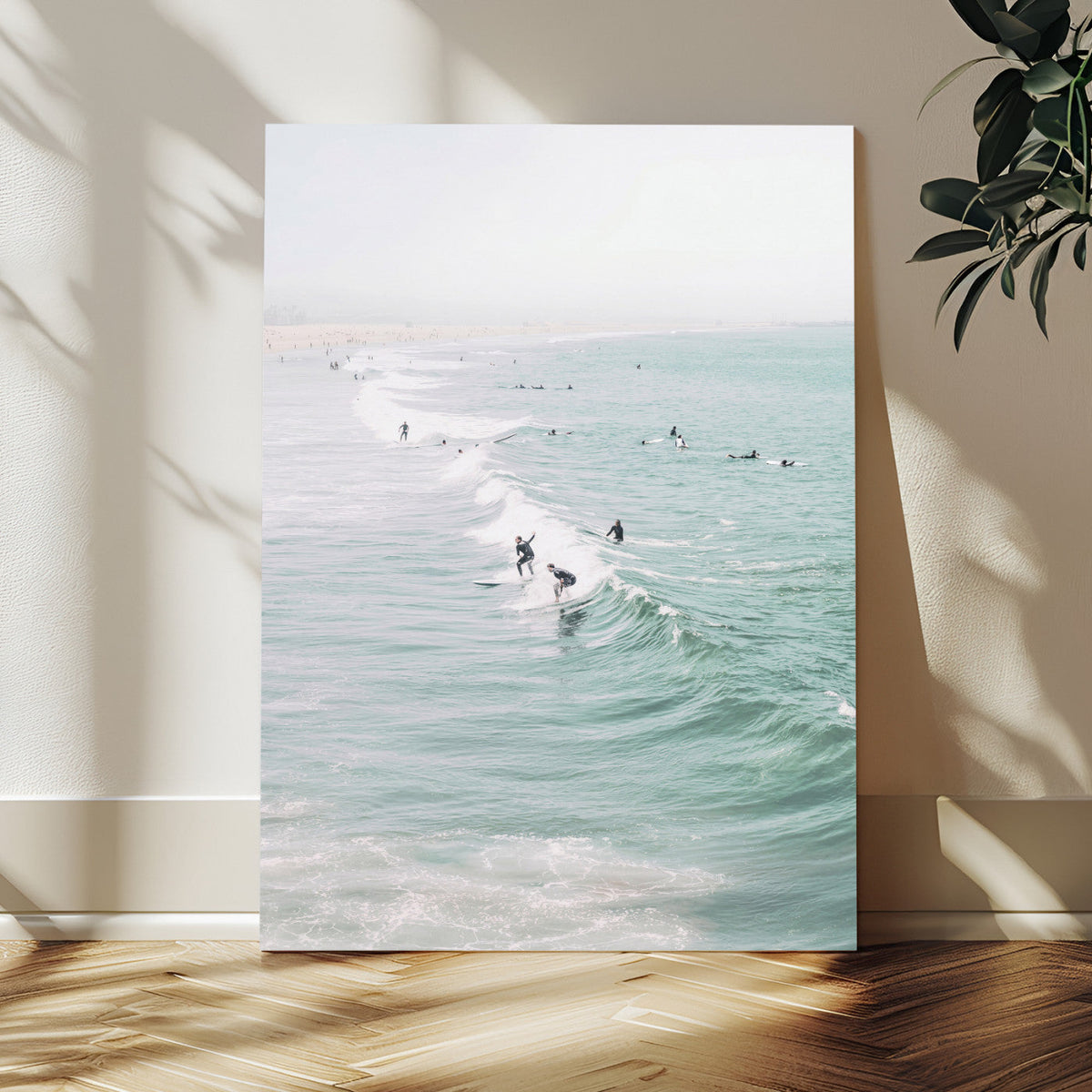 Surfers on Waves Canvas Wall Art, Aerial Ocean Photography
